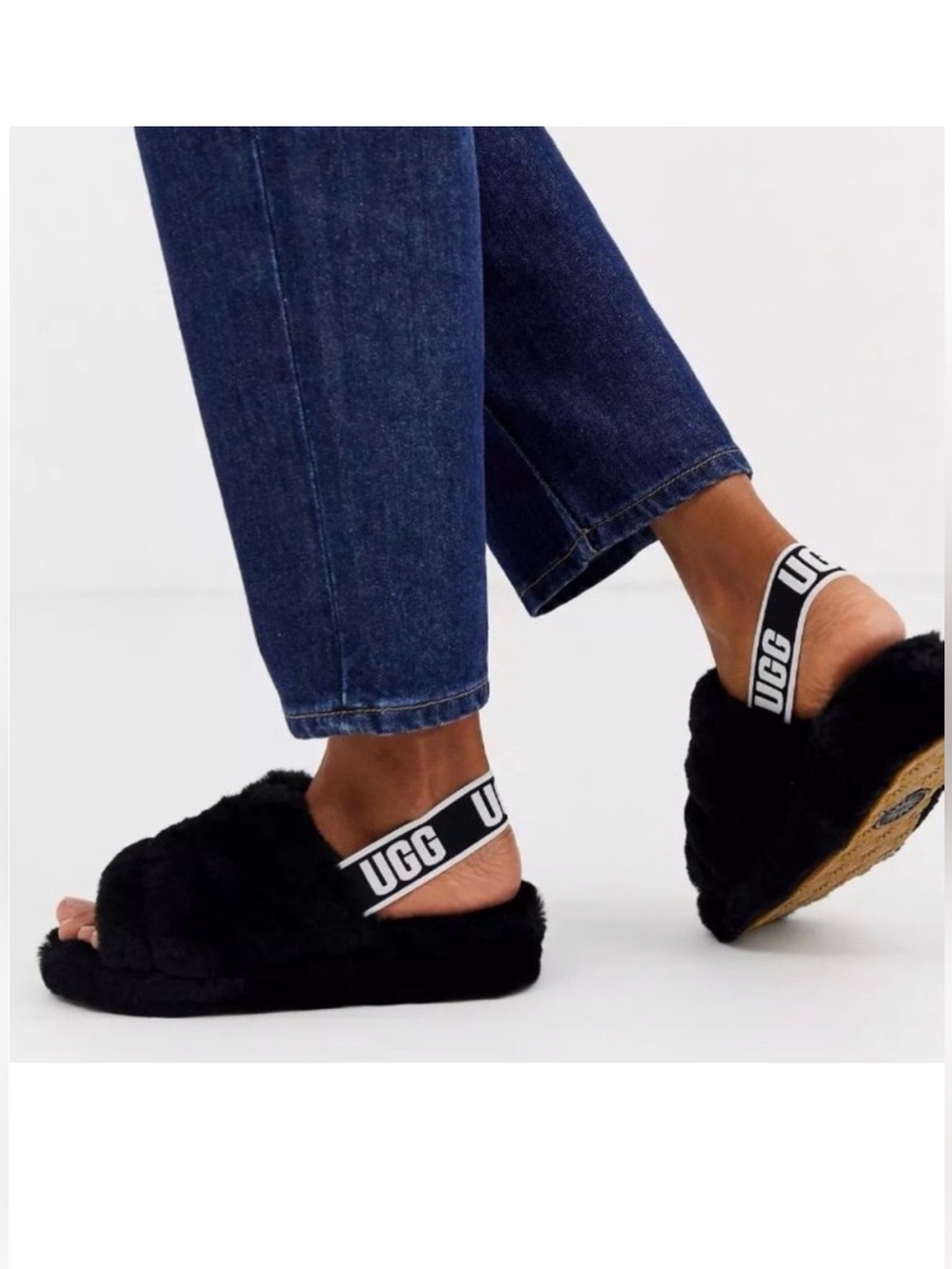 UGG Black Fluff Slingback Slides with Branded Elastic Strap